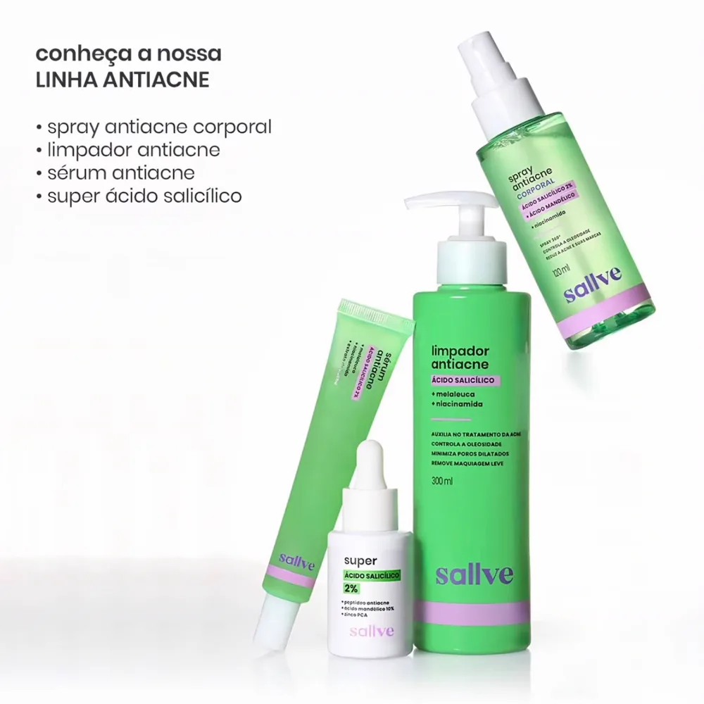 Linha completa antiacne da sallve: spray corporal, limpador, sérum e super ácido salicílico